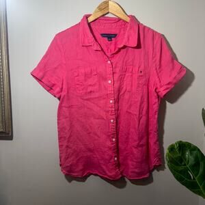 Tommy Hilfiger Hot Pink 100% Linen Short Sleeve Button Down Shirt Large